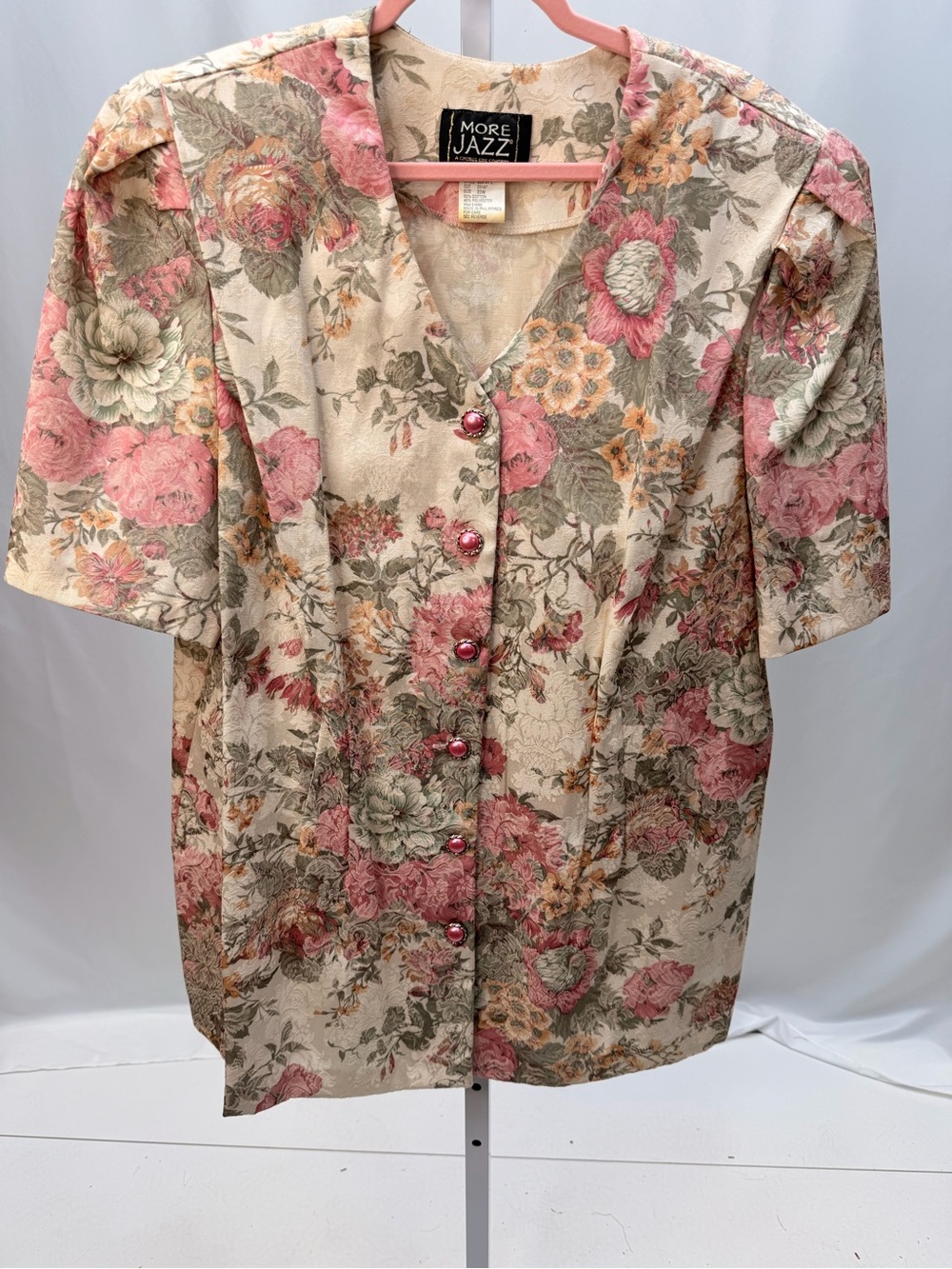 More Jazz Vintage 90s Floral Brocade Blouse Pink Rose Plus Size 22W